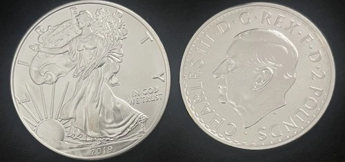 2019 Silver Eagle 1 Oz Fine Silver & 2025 Charles Iii 1 Oz Fine Silver Lot Of 2