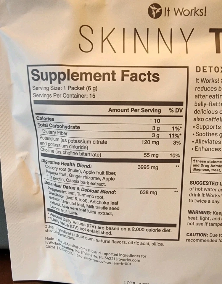 Suplemento dietético It Works Skinny Tea Detox & Debloat nuevo bolsa sellada 15 paquetes Foto 2 de 4