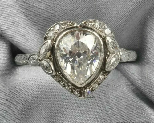 Vintage Heart Shape Wedding Ring 2.3 Ct Simulated Diamond 14k White Gold Over