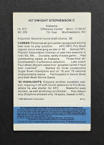 Dwight Stephenson signed Miami Dolphins 1986 McDonald's football card HOF - Picture 2 of 2