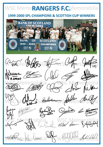 12873. 1999-00 Glasgow Rangers Signed Team Photo Sheet PRINTED AUTOS A4 Double