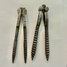 2 Victorian Nut Crackers Reversible, Bobbins, solid cast metal, jointed, Antique