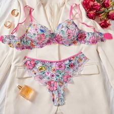 Floral Mesh Bra Brief Set Push Up Women's Lace Lingerie Underwear Sets