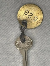 Vintage Hotel Motel Room Key BRASS Fob & Key #628 Master Lock Co. Made In USA