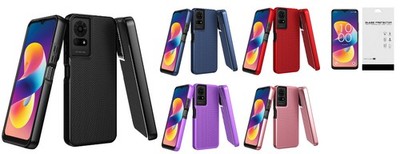 For TCL K24 T434D   Texturized Dotted Hybrid Case Phone Cover + Tempered Glass