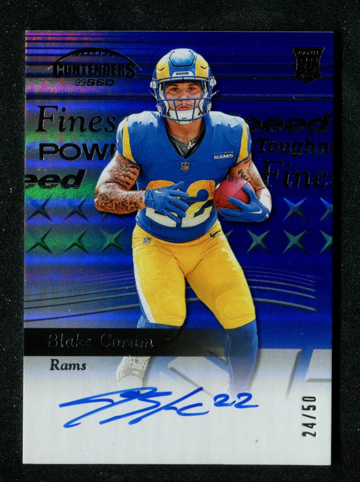 2024 Contenders Autograph Variation Midfield Ticket Blake Corum RC /50 Rams