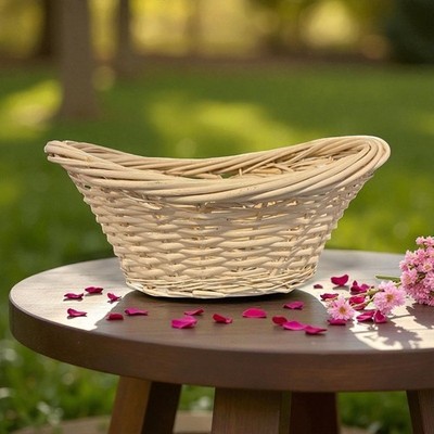 White Woven Rattan Oval Basket For Storage & Decor - 15'' Length X 11'' Width