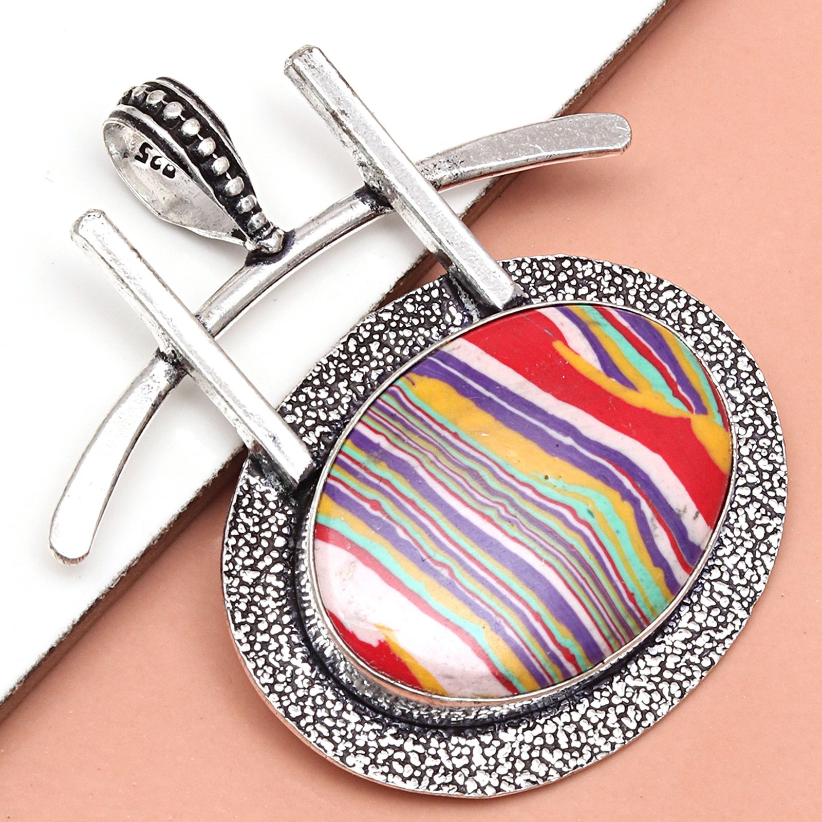 Rainbow Calsilica Gemstone Handmade Women's Unisex Silver Jewelry Pendant 2