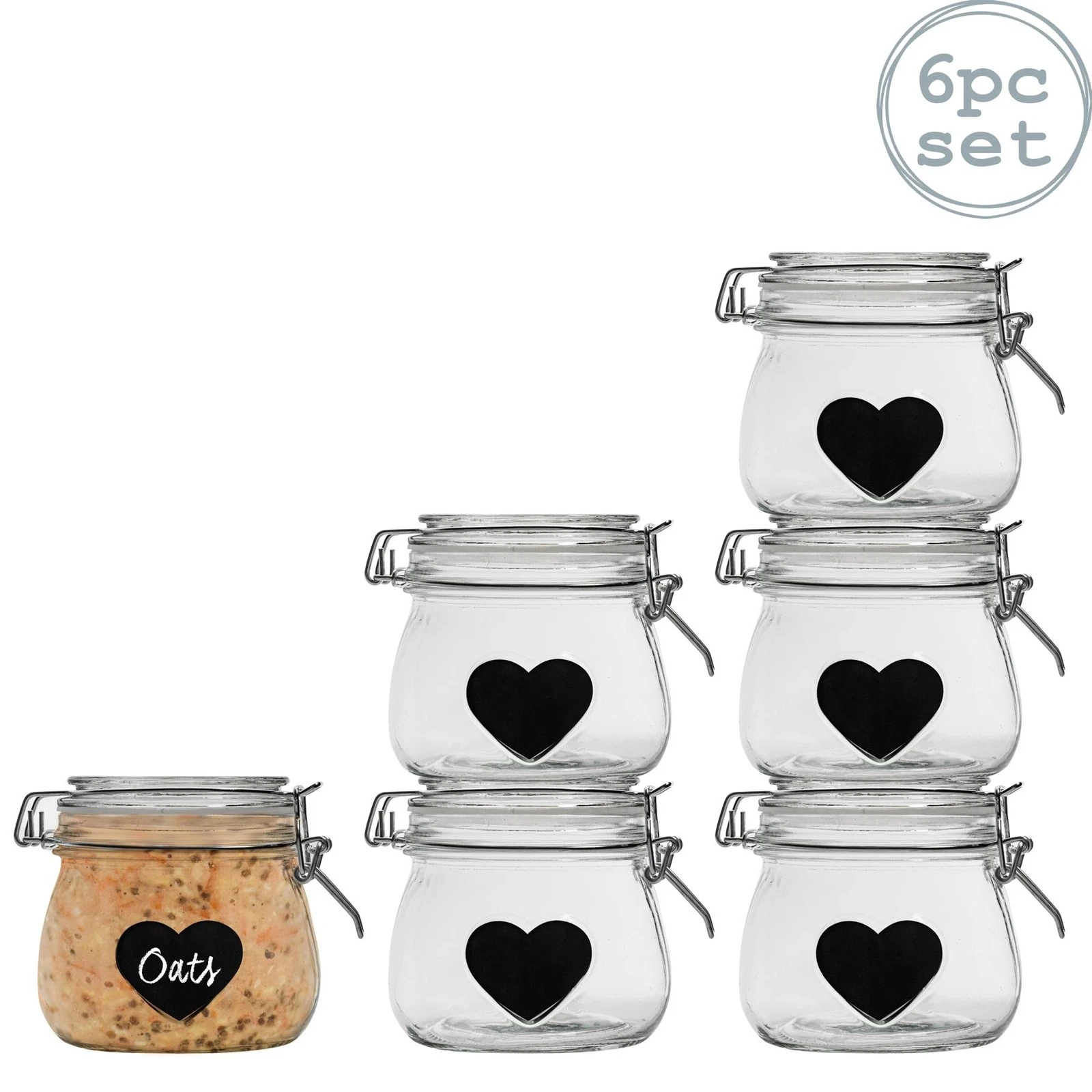 6x Heart Glass Storage Jars with Labels Food Clip Lid 500ml Clear Seal
