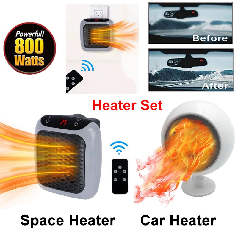 Set 800w Space Heater & 180w 12v Portable Car Heater Demiste