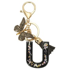 Initial Letter Keychain, Cute Butterfly Keychain with Tassel Letter U, Black