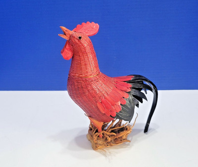 Vintage Red Woven Wicker Rooster Basket Kiangsi Handicrafts