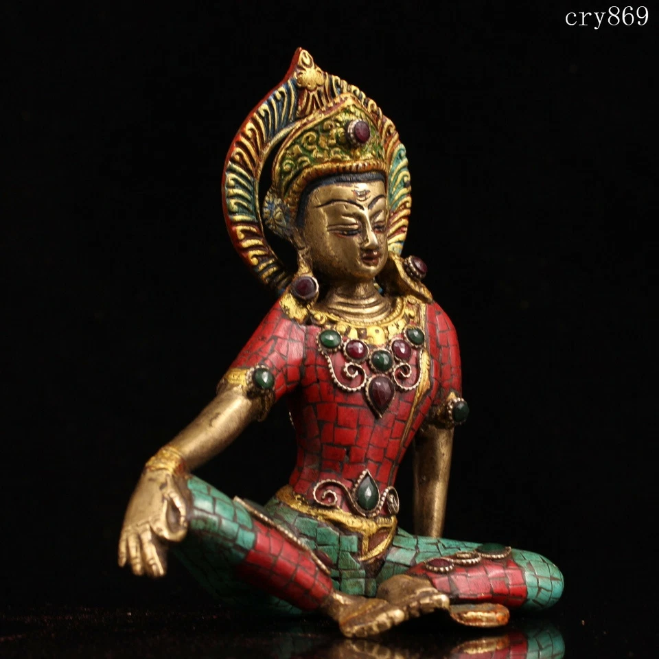 Antiguo Tíbet Cobre Puro Incrustaciones con Gemas Trazado Oro Verde Tara Estatua Foto 2 de 4