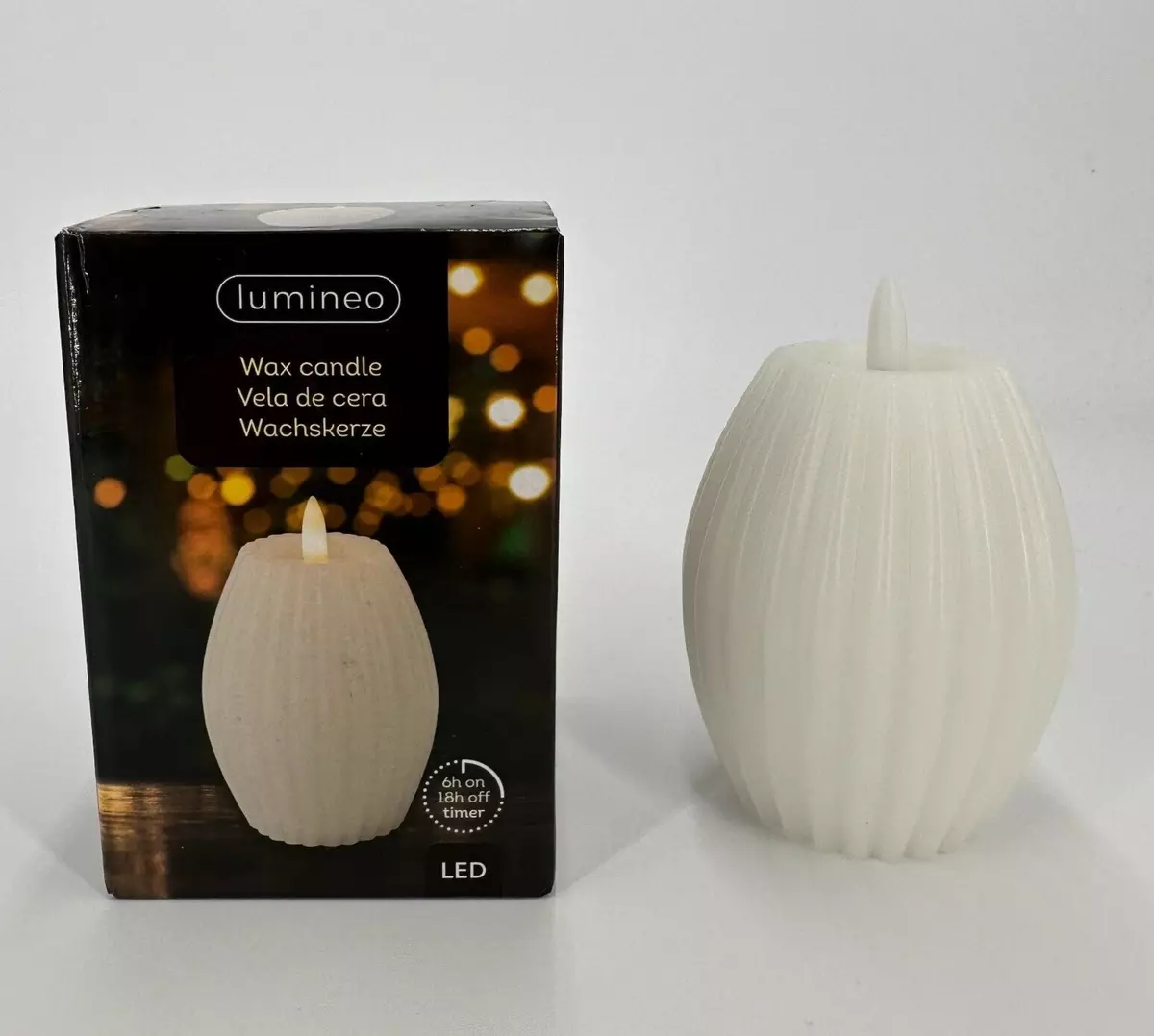 Lumineo LED Flameless Carved Wax Candle Short Oval Shape in Cream Viva Terra NEW