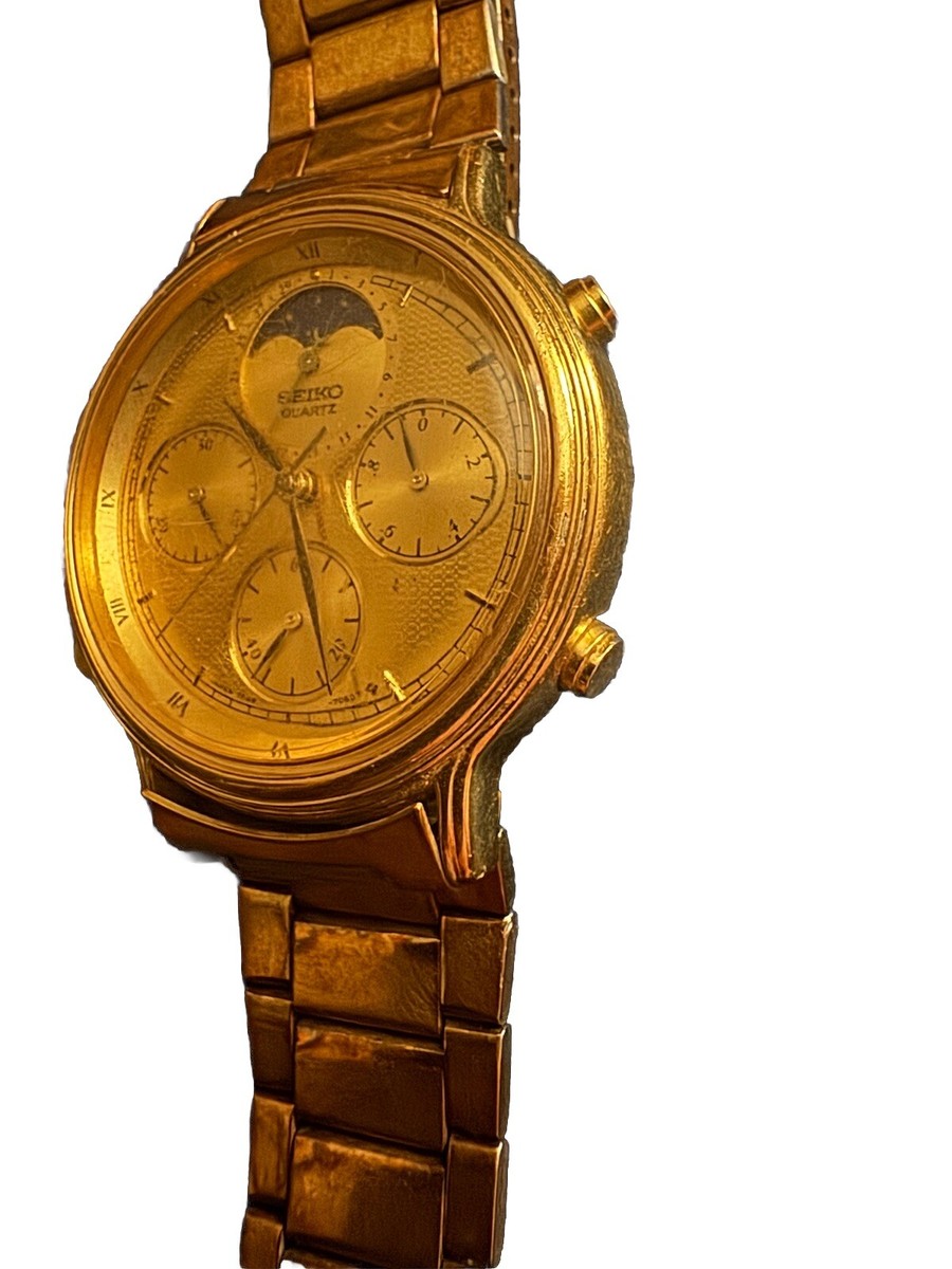 Vintage SEIKO Moon Phase 7A48-702A Quartz Chronograph Gold