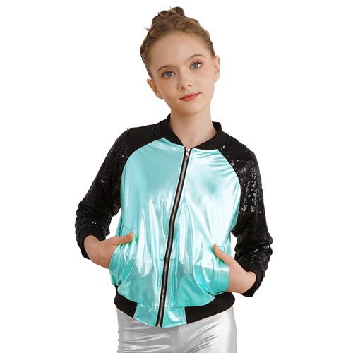 Kids Girls Baseball Jacket Shiny Metallic Long Sleeve Bomber Coat Outerwear - Picture 72 of 104