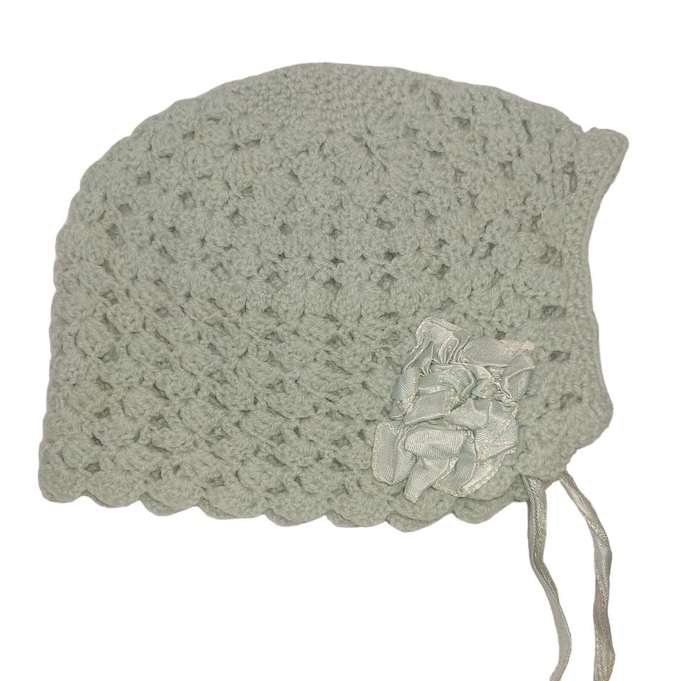 Handknit Baby Hat Blue Satin Ribbon Bows Tie Newborn Small Scalloped Antique - Image 2 of 4
