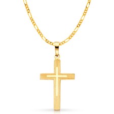 14K Yellow Gold Cross Charm Pendant with 3.1mm Figaro 3 1 Chain Necklace
