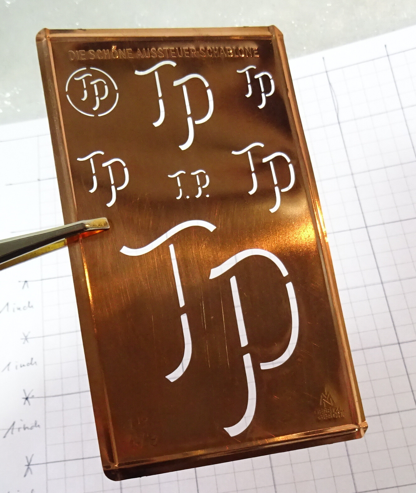 Metal Inishials TP T P monogram stencil embroidery antique LARGE copper metal initials ...