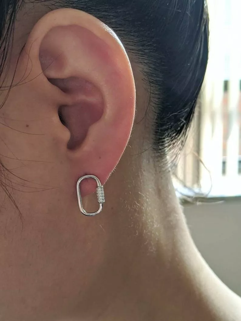 Carabiner Lock Earrings Real 925 Sterling Silver & Cubic