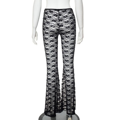 Womens High Waist Ruffle Flared Pant Sexy Hollowed Sheer Flower Lace Leggings - Picture 11 of 11