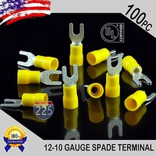 100 Pack 12-10 Gauge Vinyl Spade Fork Crimp Terminals #8 Stud Tin Copper Core UL