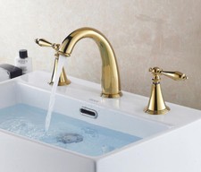 Gold Finish 3pcs Widespread Bathroom Sink Faucet Double Handles Basin Tap Brass