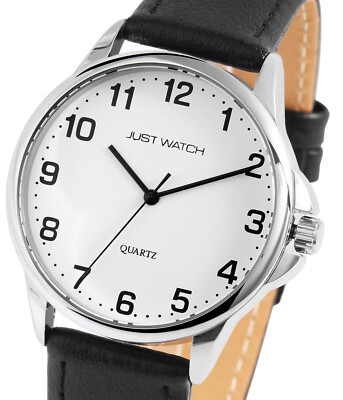 Herren Männer Armbanduhr Quarz schlicht Weiß Silber Schwarz Lederarmband JW20160