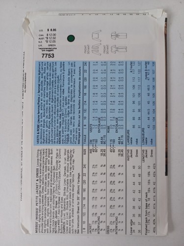 Vogue Classics 7753 Very Easy Sewing Pattern, Misses' Petite Size 8-10-12 Uncut - Picture 2 of 4