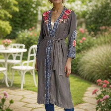 Johnny Was XL Long Grey Kimono Duster Coat Embroidery 100 Linen NWT  NO BELT 