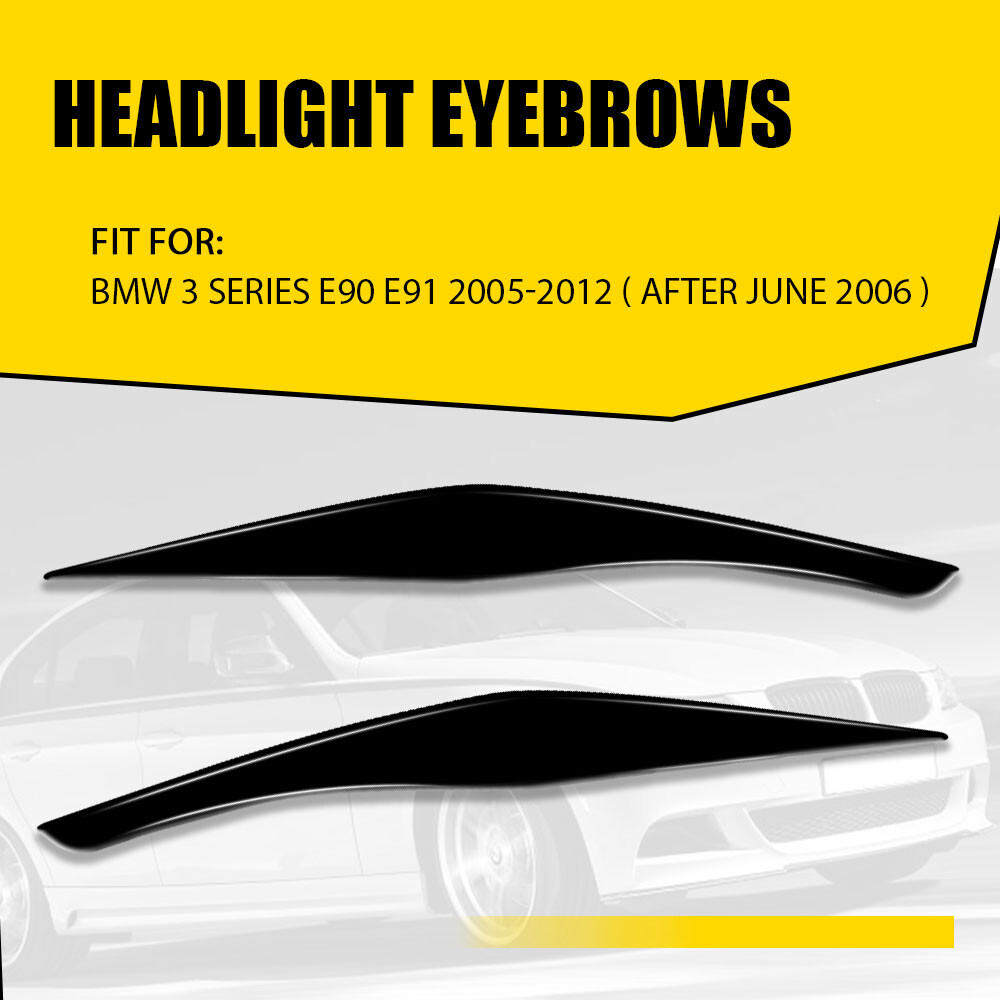 2x Gloss Black Headlight Eyebrow Cover Trims For BMW 3 Series E90 E91 2005-2012