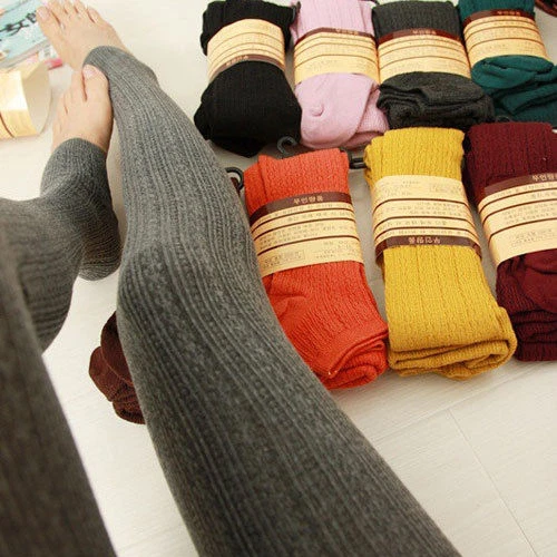 Women Winter Wool Cable Knit Sweater Footed Tights Stretch