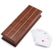 2-Track Wooden Cribbage Board Game with Storage, 6 Metal Pegs/Playing Cards