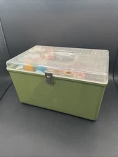 Large Avocado Green Wilson Wil-Hold Sewing Box Clear Hard Plastic Top, 2 Trays