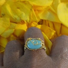 Handcrafted Blue Oval Stone Ring Wire Wrapped Gold Tone Band Size 8.5