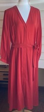Everlane Cupro Blouson Shirt Dress 16 Red Midi Long Sleeves Button Up V Neck