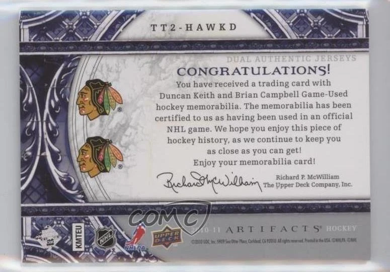 2010 Upper Deck Artifacts Silver /75 Duncan Keith Brian Campbell #TT2-HAWKD HOF - Image 2 of 2