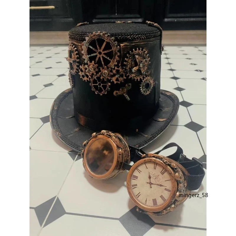 NEW Black Top Hat Halloween w/ Clock Spike Costume Steampunk Goggles Accessories - Image 4 of 4