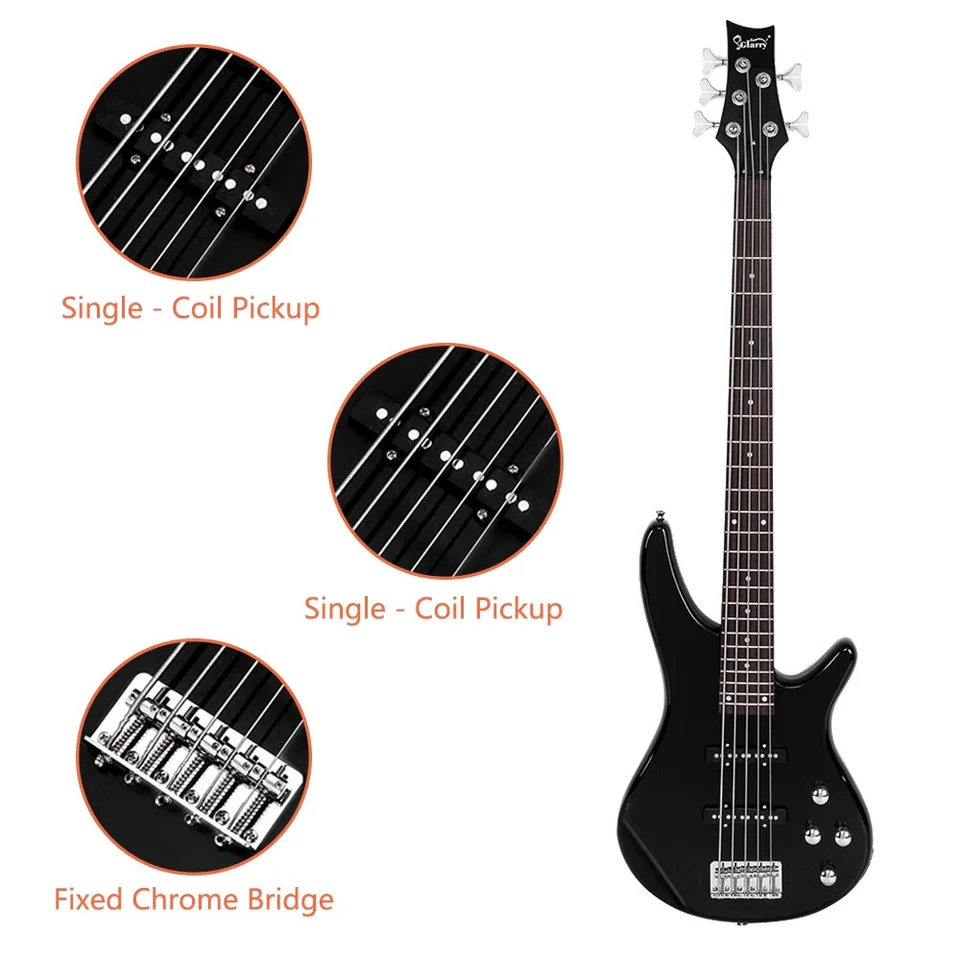 5 String Full Size Electric Bass Guitar SS Pickups. Experienced Player Kit Black - image 2 of 4