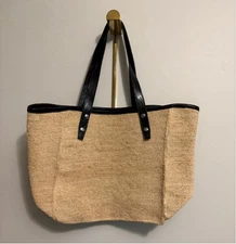 Rag & Bone Natural Straw Tote Bag with Black Leather Trim Large Beach Market