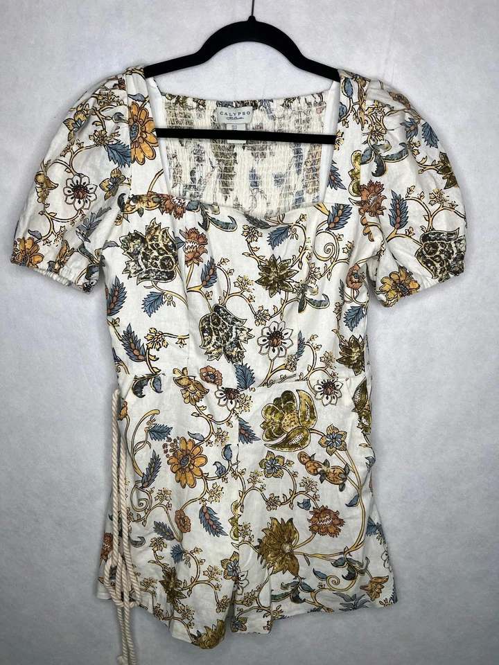 Vestido Calypso St. Barth Mujer 4 Blanco Floral Lino Cuello Cuadrado Manga Abullonada Foto 2 de 4