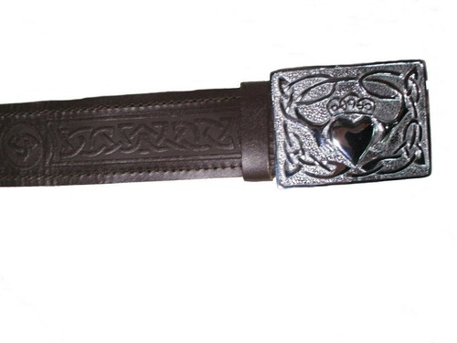Leather Celtic Design Kilt Belt Black Scottish Chrome Finish Buckle Brown - Picture 24 of 38
