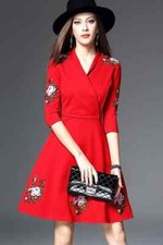 Red Floral Embroidered Midi Dress - Fit and Flare Dress With Waist Belt