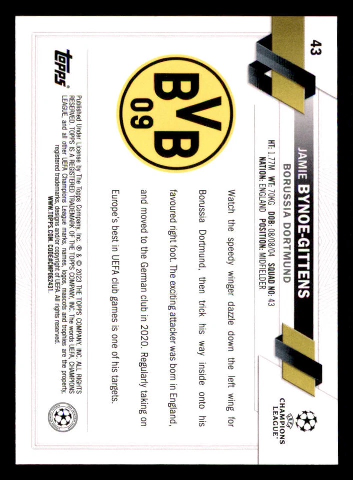 2022-23 Topps UEFA Club Competitions Starball #43 Jamie Bynoe-Gittens - Image 2 of 2