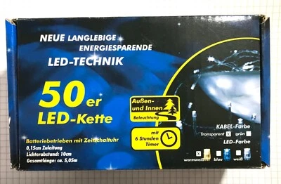 NIPACH 50 er LED Lichterkette Batteriebetrieb 3x AA mit Timer Zeitschaltuhr warmweiß
