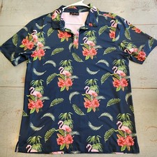 Yatta Golf Shirt Men Size L Polo Pink Flamingo All Over Print Short Sleeve