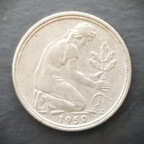 Germany 1950 F ~ 50 Pfennig Coin ~ KM# 109 - Picture 2 of 2