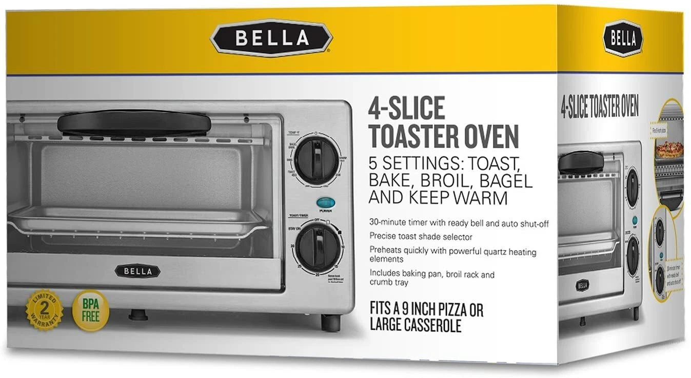 Brand New BELLA 4 Slice Countertop Toaster Oven, 1000 Watt Quartz Element