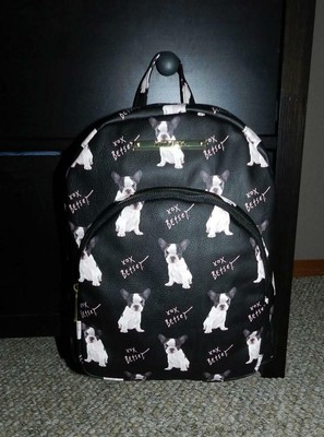 BETSEY JOHNSON Black FRENCH BULLDOG Dog LOGO Faux Leather BACKPACK Bag