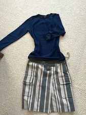 $690 DEREK LAM Multi Color Cotton Geometric Striped Two Pocket Pencil Skirt 